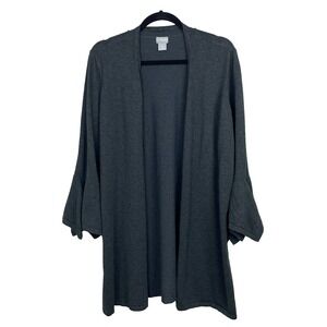 Chico's Cardigan Sweater Size 2/Large Gray Open 3/4 Flutter‎ Sleeve Detail Long